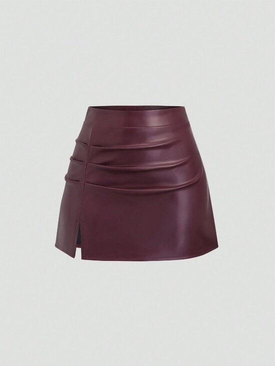 Dresses & Skirts - Women's Elegant High Waist Faux Leather Side Slit Flared A-Line Mini Skirt